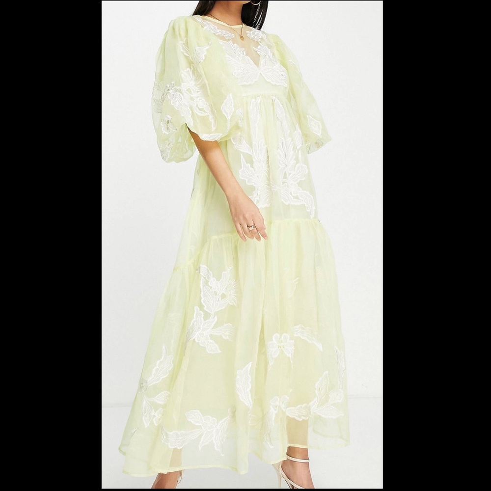 ASOS smock dress with placement applique embroidery in washed lemon